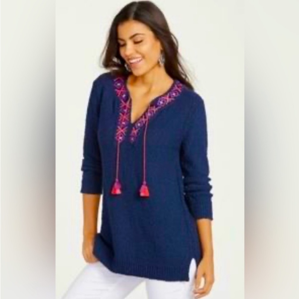 Tommy Bahama Eden Bay Tassel Tunic Western Sweater Navy Embroidered V-Neck